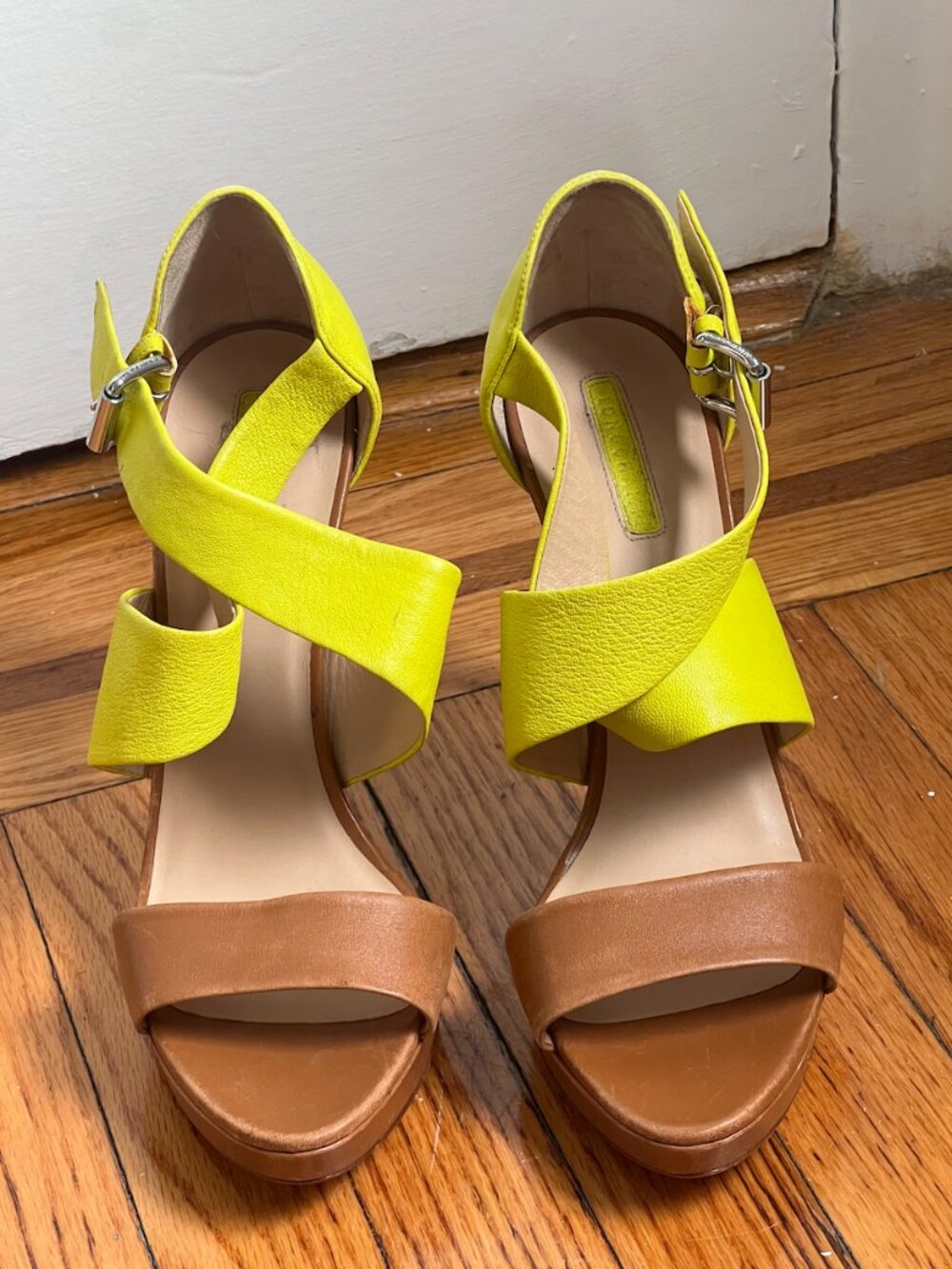 LONGCHAMP SIZE 40 Le Pliage Cuir Heel Leather Two Tone Strappy Platform Sandals